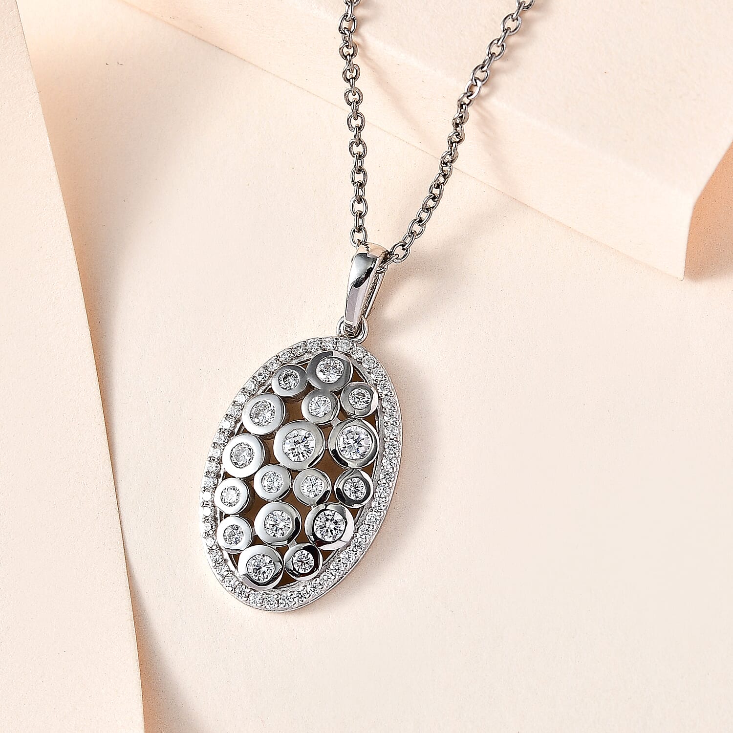 Designer Inspired Cubic Zirconia Platinum Overlay Sterling Silver Oval Locket Pendant with Stainless Steel Chain (Size 20) 4219627 3