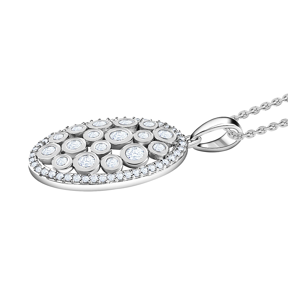 Designer Inspired Cubic Zirconia Platinum Overlay Sterling Silver Oval Locket Pendant with Stainless Steel Chain (Size 20) 4219627 4