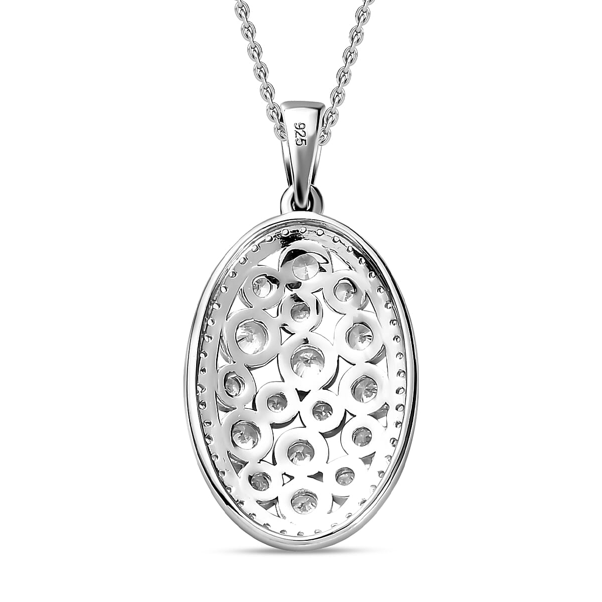 Designer Inspired Cubic Zirconia Platinum Overlay Sterling Silver Oval Locket Pendant with Stainless Steel Chain (Size 20) 4219627 5