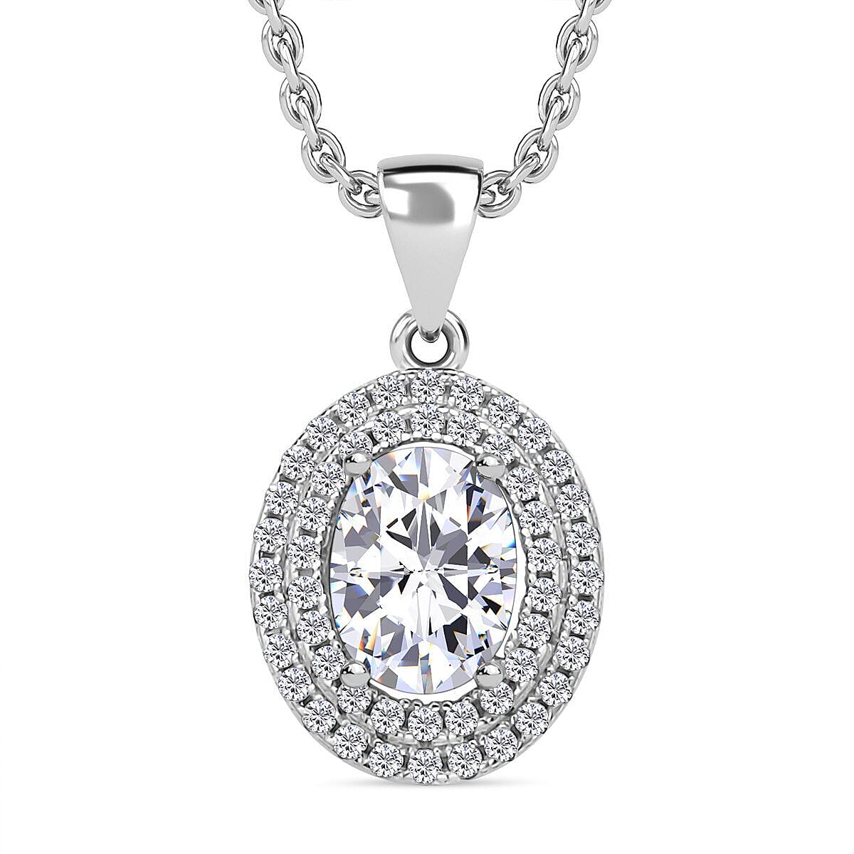 Simulated Diamond Halo Pendant Chain (Size 20) in Rhodium Overlay Sterling Silver 4123904 0