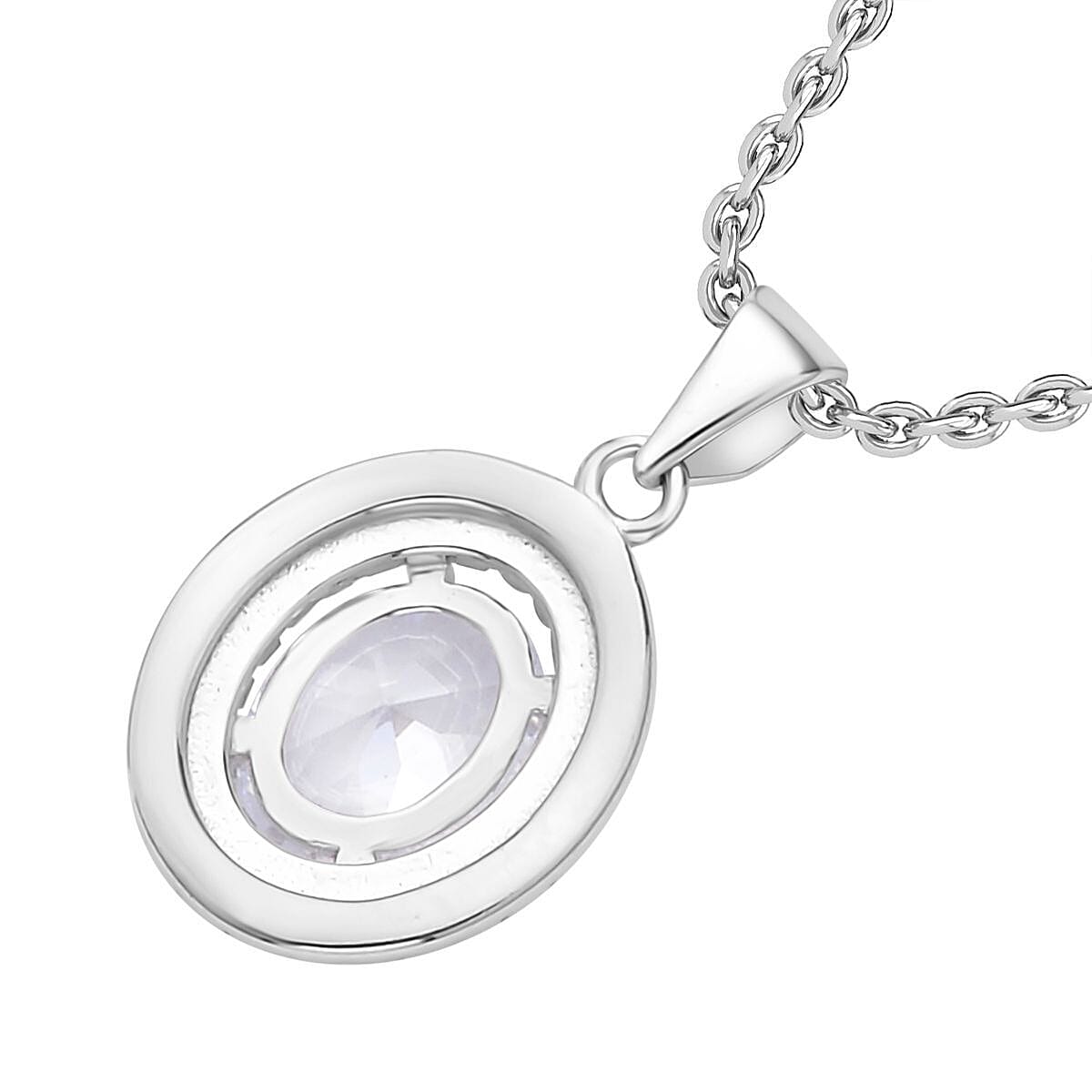 Simulated Diamond Halo Pendant Chain (Size 20) in Rhodium Overlay Sterling Silver 4123904 4