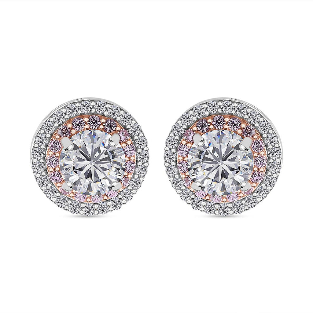 NY Closeout - White Cubic Zirconia, Pink Cubic Zirconia Earrings With Push Back in Rhodium & Rose Gold Overlay Sterling Silver 1.70 Ct.