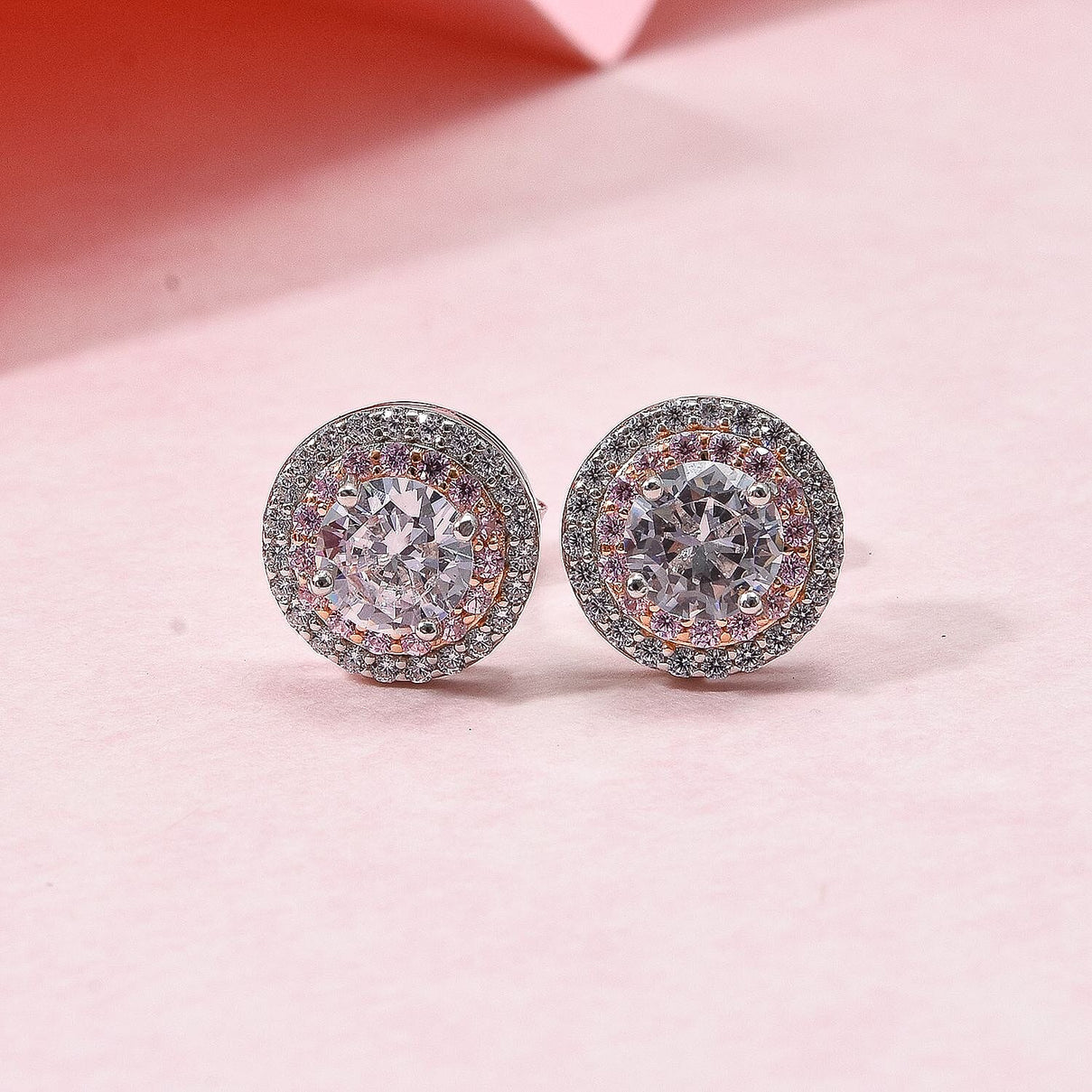 White Cubic Zirconia, Pink Cubic Zirconia Double Halo Earrings in Rhodium Overlay Sterling Silver 1.70 ct. 7982120 1