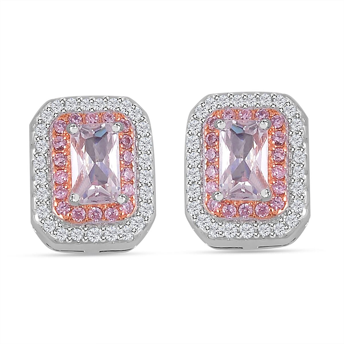 White Cubic Zirconia, Pink Cubic Zirconia Double Halo Earrings in Sterling Silver 1.840  Ct. 7721163 0