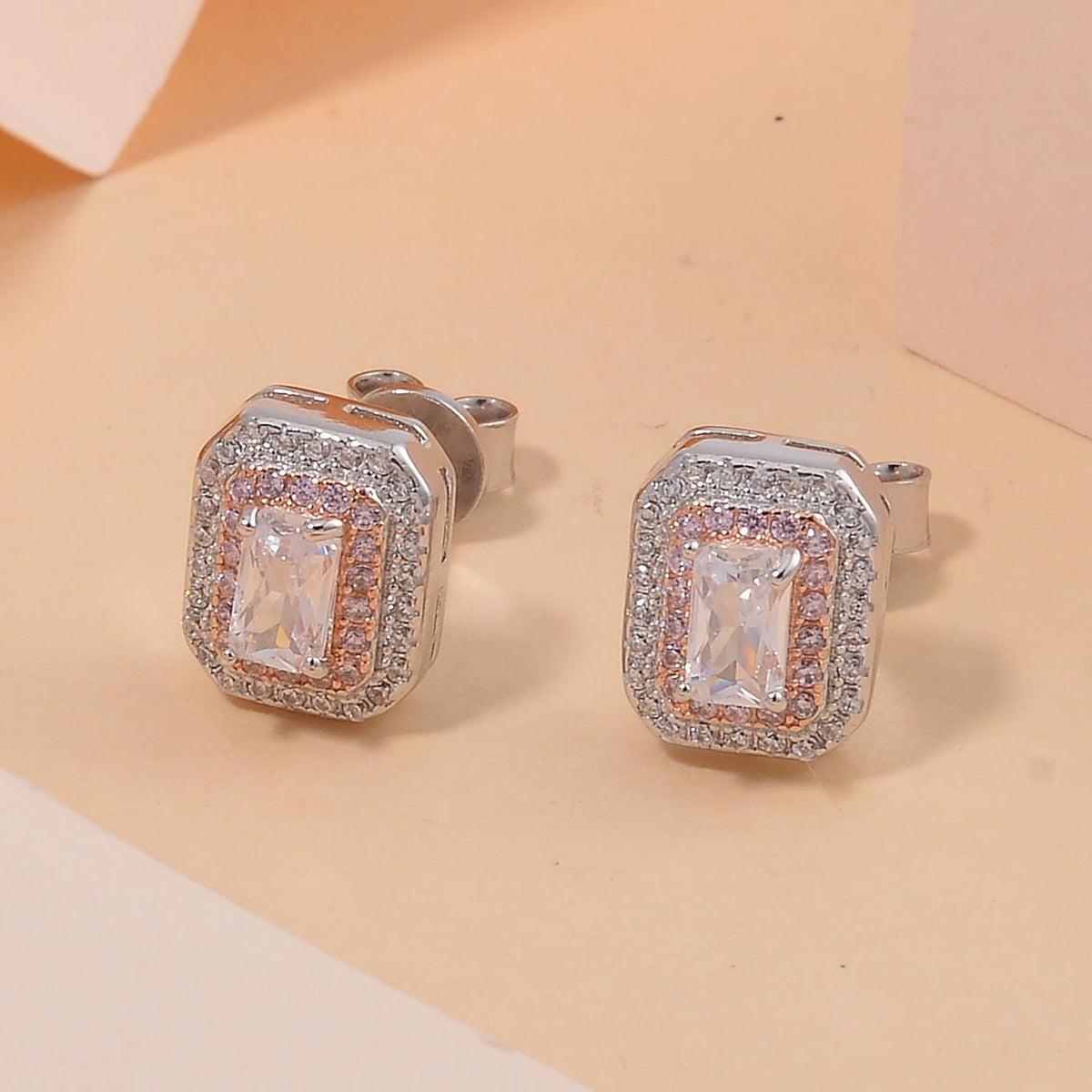 White Cubic Zirconia, Pink Cubic Zirconia Double Halo Earrings in Sterling Silver 1.840  Ct. 7721163 1