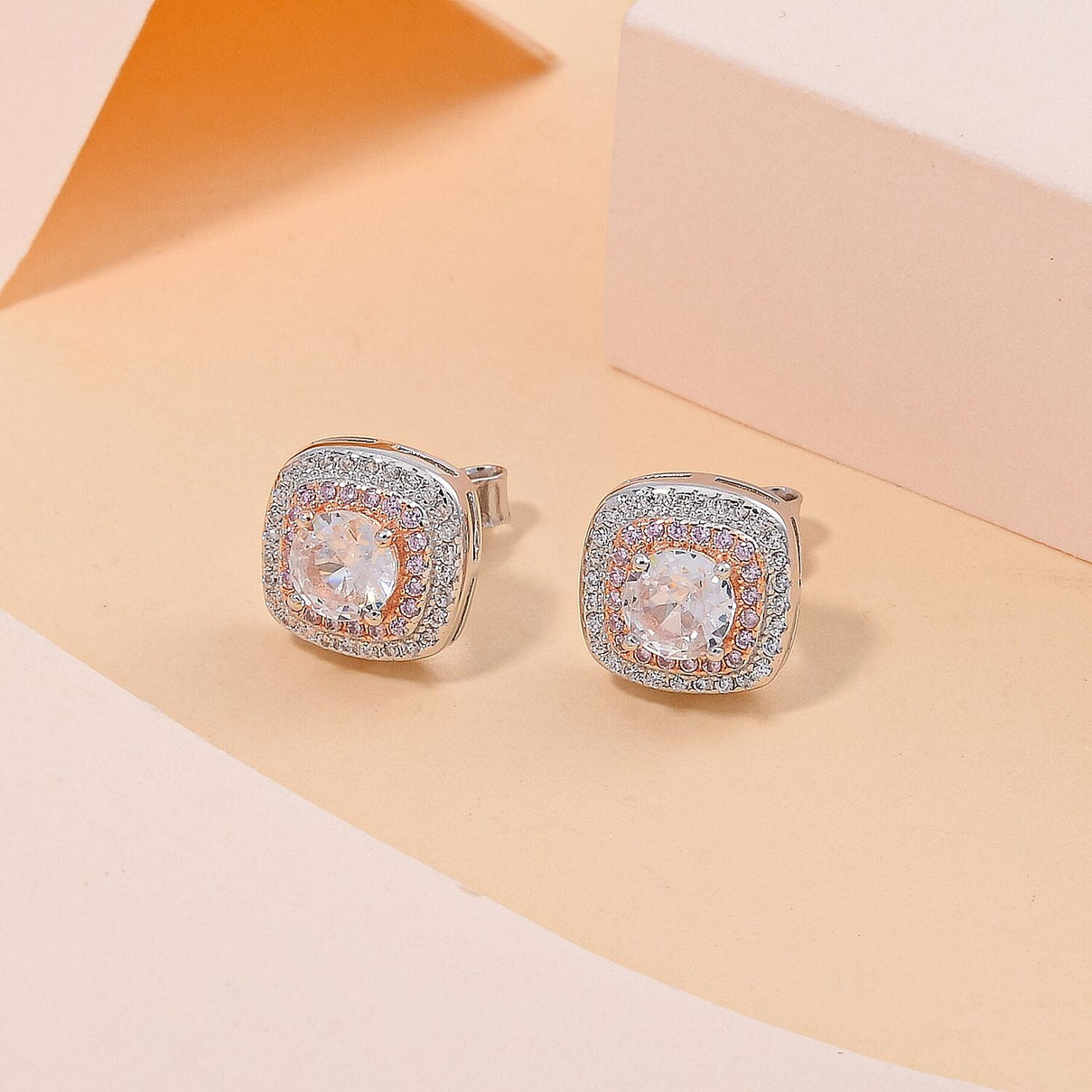 White Cubic Zirconia, Pink Cubic Zirconia Double Halo Earrings in Sterling Silver 2.260  Ct. 7721165 2