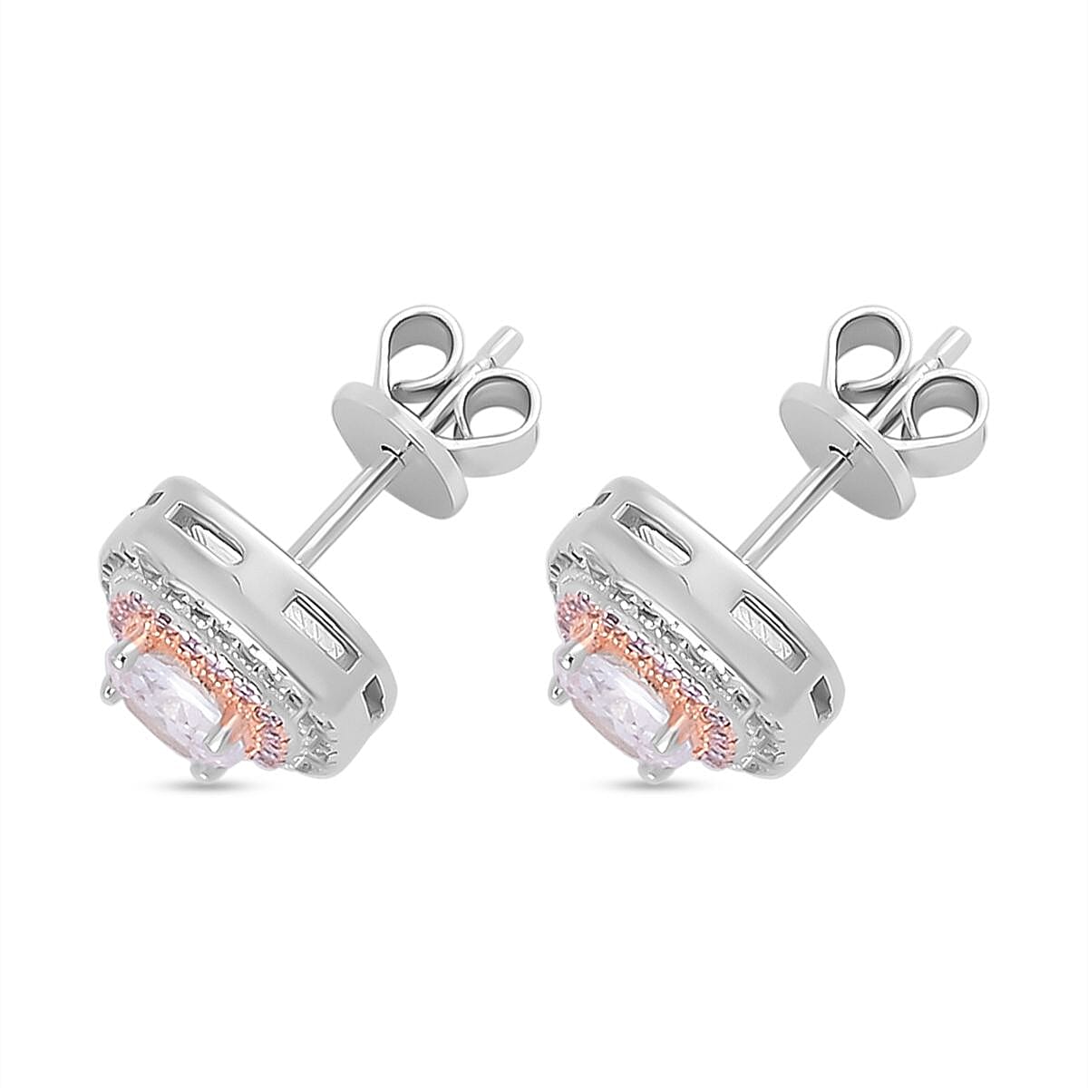 White Cubic Zirconia, Pink Cubic Zirconia Double Halo Earrings in Sterling Silver 2.260  Ct. 7721165 3