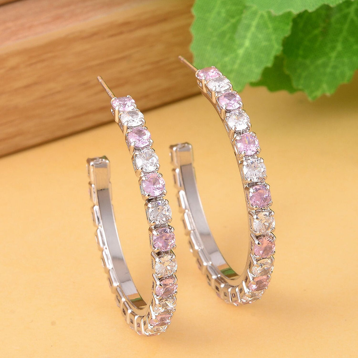 Simulated Diamond and Simulated Pink Sapphire Hoop Earrings (With Push Back) in Silver Tone 7273072 1