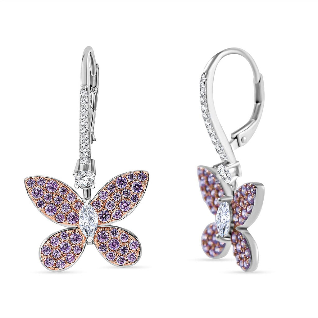 Lustro Stella - Pink & White Cubic Zirconia Butterfly Earrings in Rhodium Overlay Sterling Silver, Silver Wt. 5.85 GM