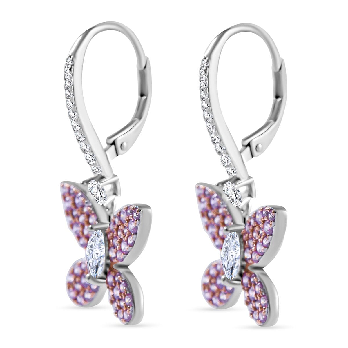 Lustro Stella - Pink &amp; White Cubic Zirconia Butterfly Earrings in Rhodium Overlay Sterling Silver, Silver Wt. 5.85 GM 7698210 3