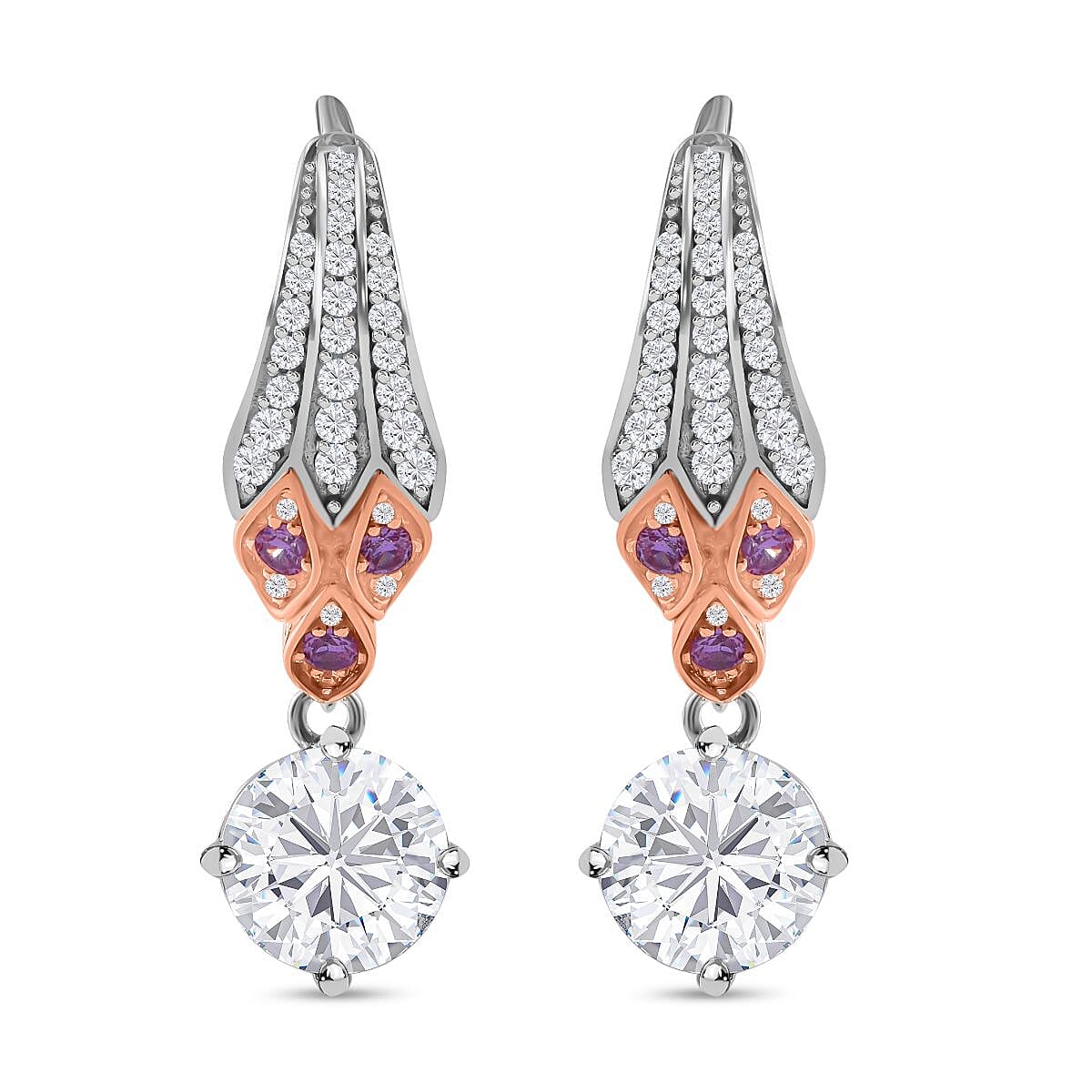 Lustro Stella - Pink &amp; White Cubic Zirconia Dangle Earrings in Rhodium Overlay Sterling Silver 7698225 0