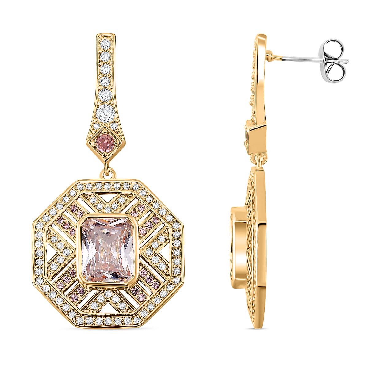 The Art Deco Collection - White Cubic Zirconia &amp; Pink Cubic Zirconia Art Deco Geometric Halo Drop Earrings with Push Backs in Yellow Gold Colour Plating 2.40 Ct. 8312727 0