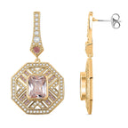 The Art Deco Collection - White Cubic Zirconia & Pink Cubic Zirconia Art Deco Geometric Halo Drop Earrings with Push Backs in Yellow Gold Colour Plating 2.40 Ct.