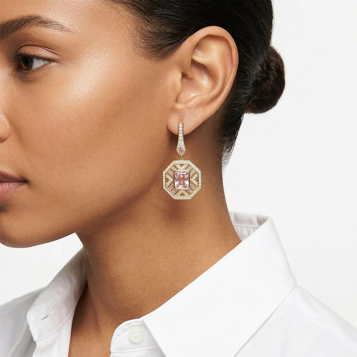 The Art Deco Collection - White Cubic Zirconia &amp; Pink Cubic Zirconia Art Deco Geometric Halo Drop Earrings with Push Backs in Yellow Gold Colour Plating 2.40 Ct. 8312727 2