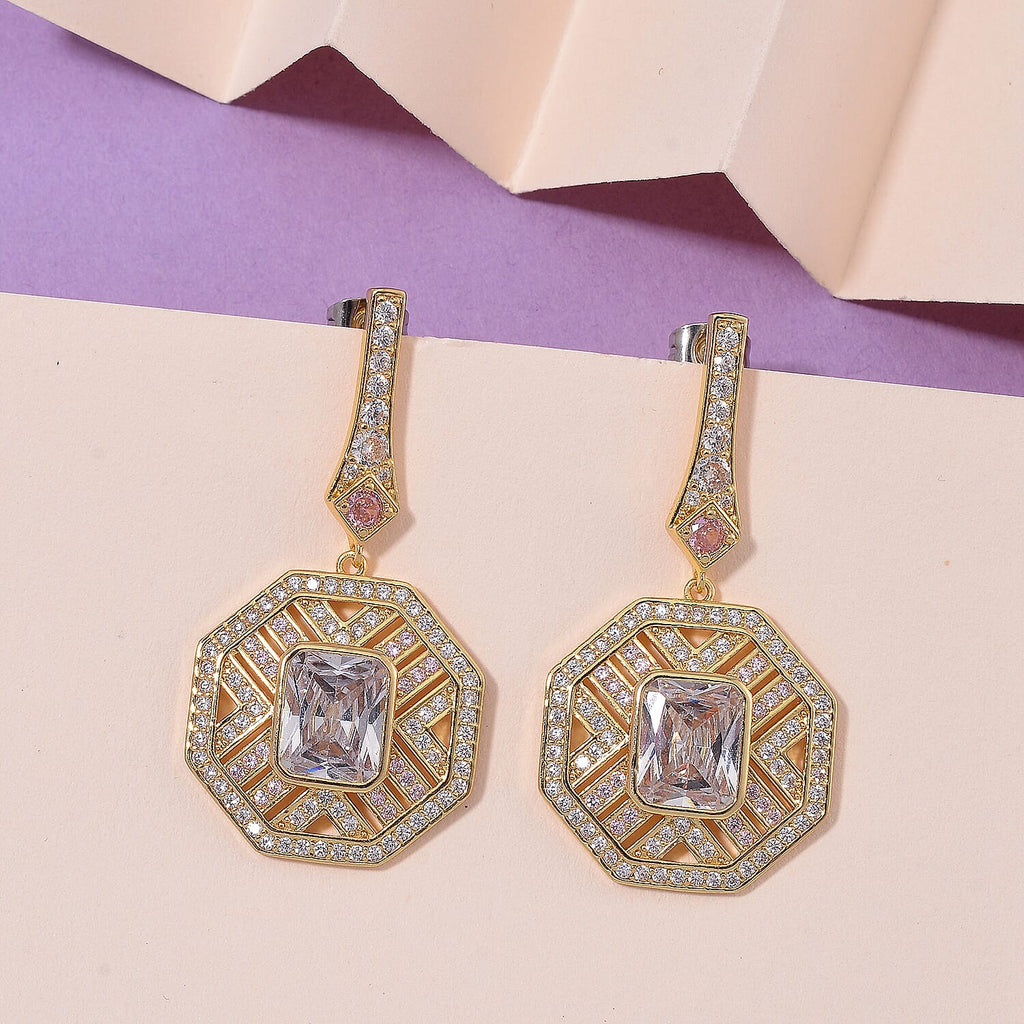 The Art Deco Collection - White Cubic Zirconia & Pink Cubic Zirconia Art Deco Geometric Halo Drop Earrings with Push Backs in Yellow Gold Colour Plating 2.40 Ct.