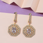 The Art Deco Collection - White Cubic Zirconia & Pink Cubic Zirconia Art Deco Geometric Halo Drop Earrings with Push Backs in Yellow Gold Colour Plating 2.40 Ct.