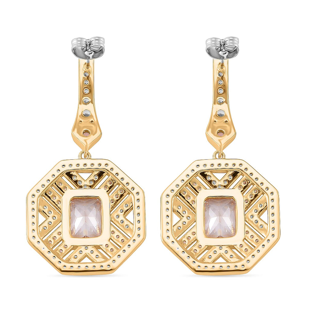 The Art Deco Collection - White Cubic Zirconia & Pink Cubic Zirconia Art Deco Geometric Halo Drop Earrings with Push Backs in Yellow Gold Colour Plating 2.40 Ct.