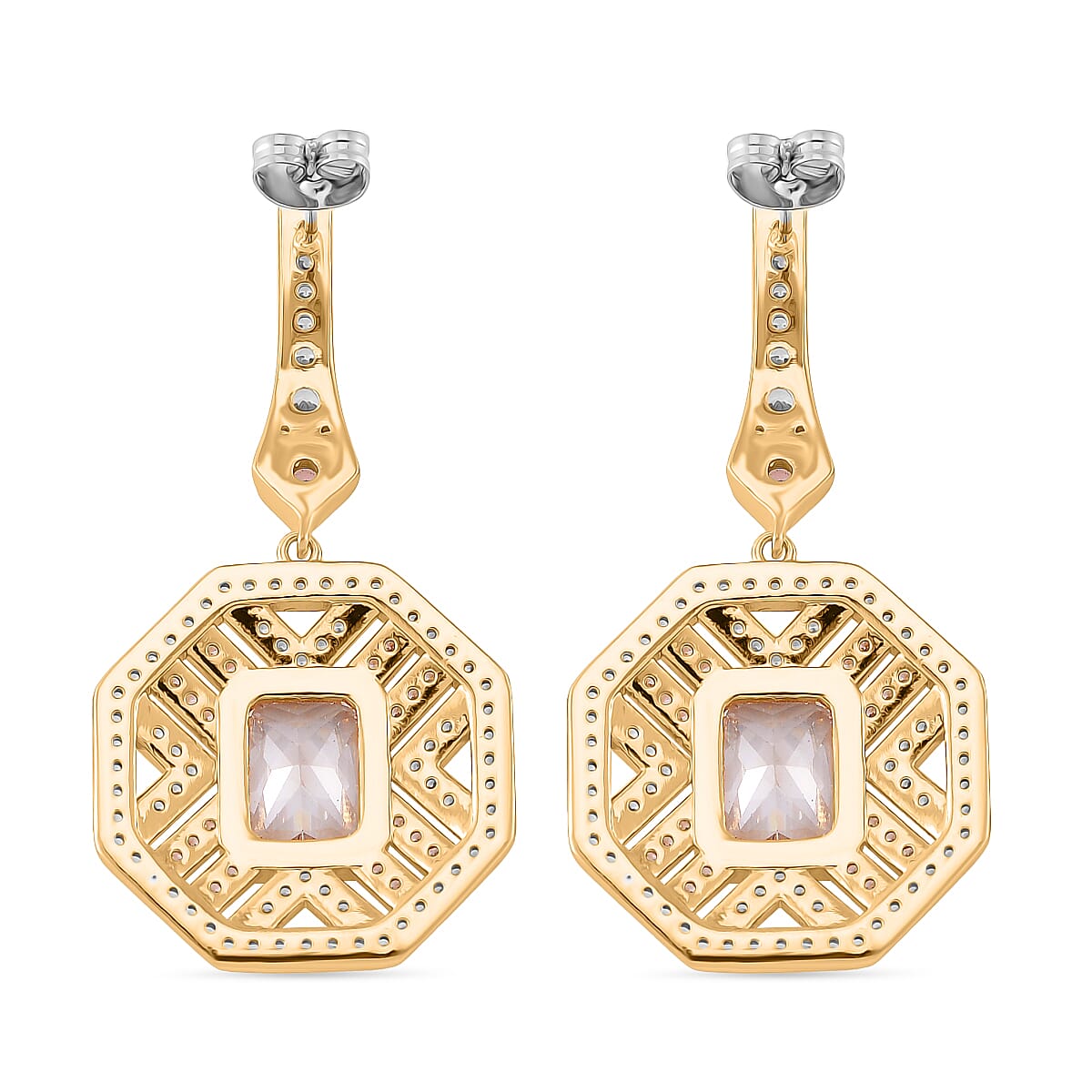The Art Deco Collection - White Cubic Zirconia &amp; Pink Cubic Zirconia Art Deco Geometric Halo Drop Earrings with Push Backs in Yellow Gold Colour Plating 2.40 Ct. 8312727 5