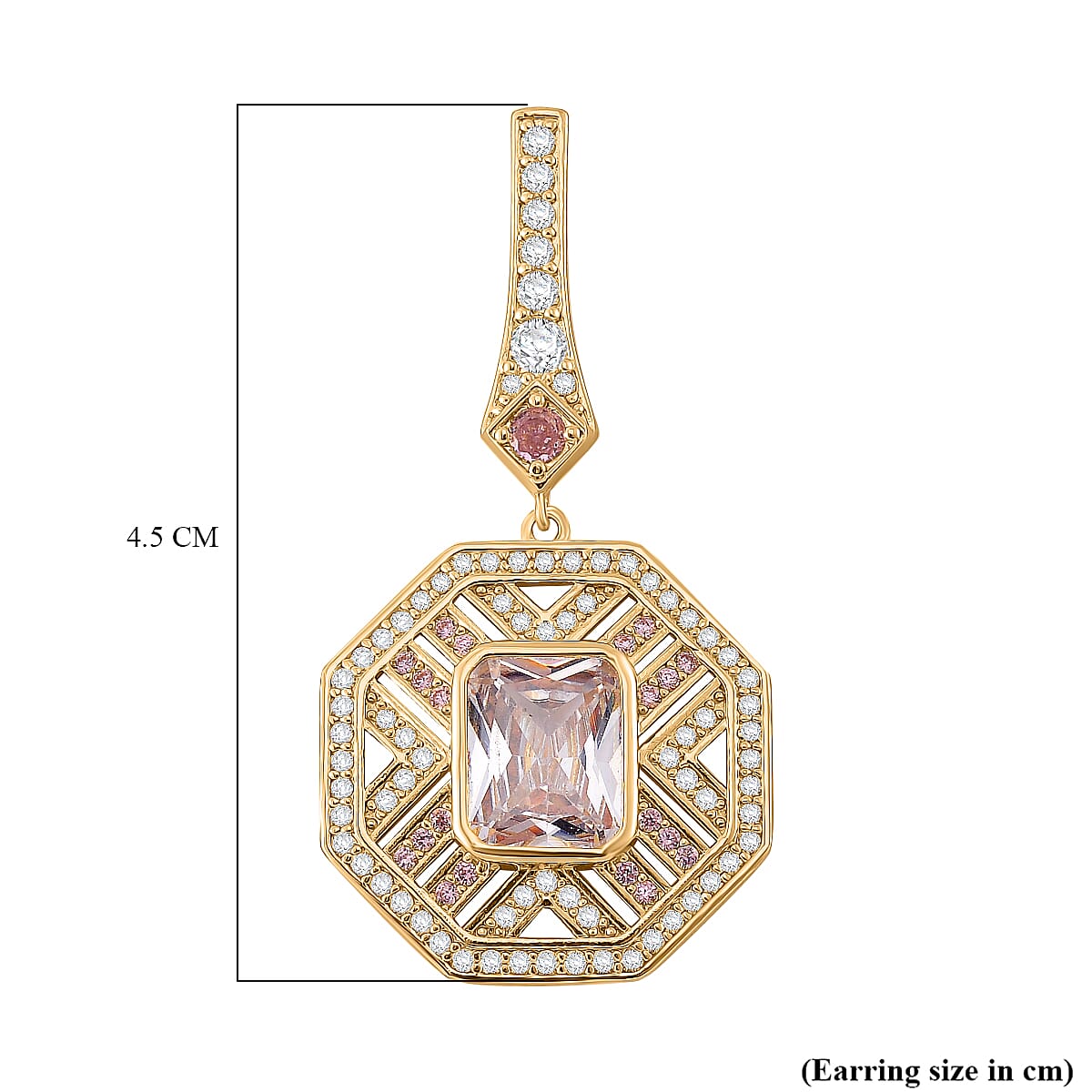 The Art Deco Collection - White Cubic Zirconia &amp; Pink Cubic Zirconia Art Deco Geometric Halo Drop Earrings with Push Backs in Yellow Gold Colour Plating 2.40 Ct. 8312727 6