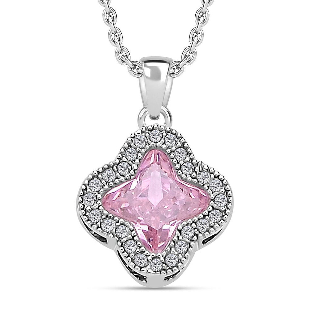 Simulated Diamond and Simulated Pink Sapphire Pendant with Chain (Size 19 with 2 Inch Extender) in Silver Tone