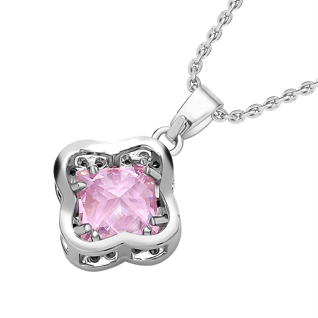 Simulated Diamond and Simulated Pink Sapphire Pendant with Chain (Size 19 with 2 Inch Extender) in Silver Tone