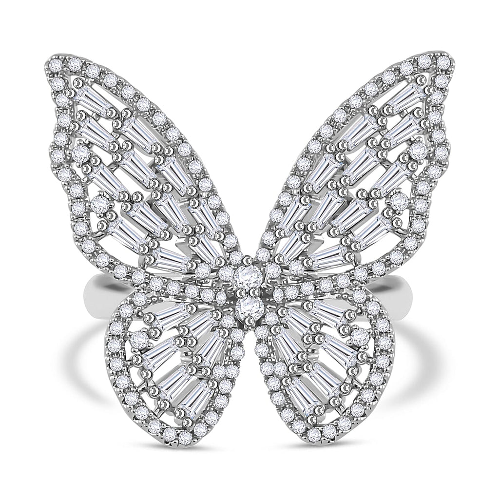 White Cubic Zirconia Butterfly Adjustable Ring in Silver Tone