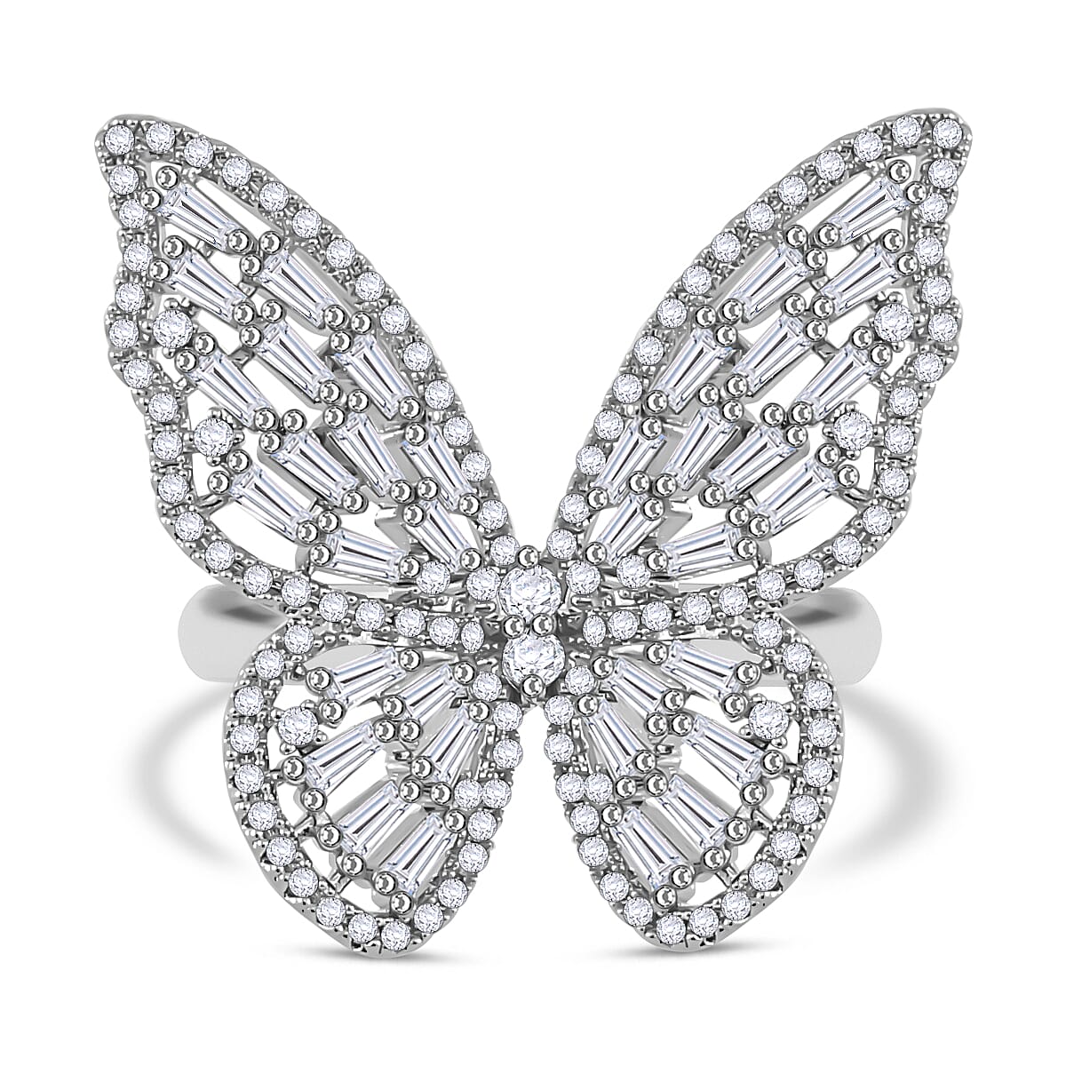 White Cubic Zirconia Butterfly Adjustable Ring in Silver Tone 7668176 0