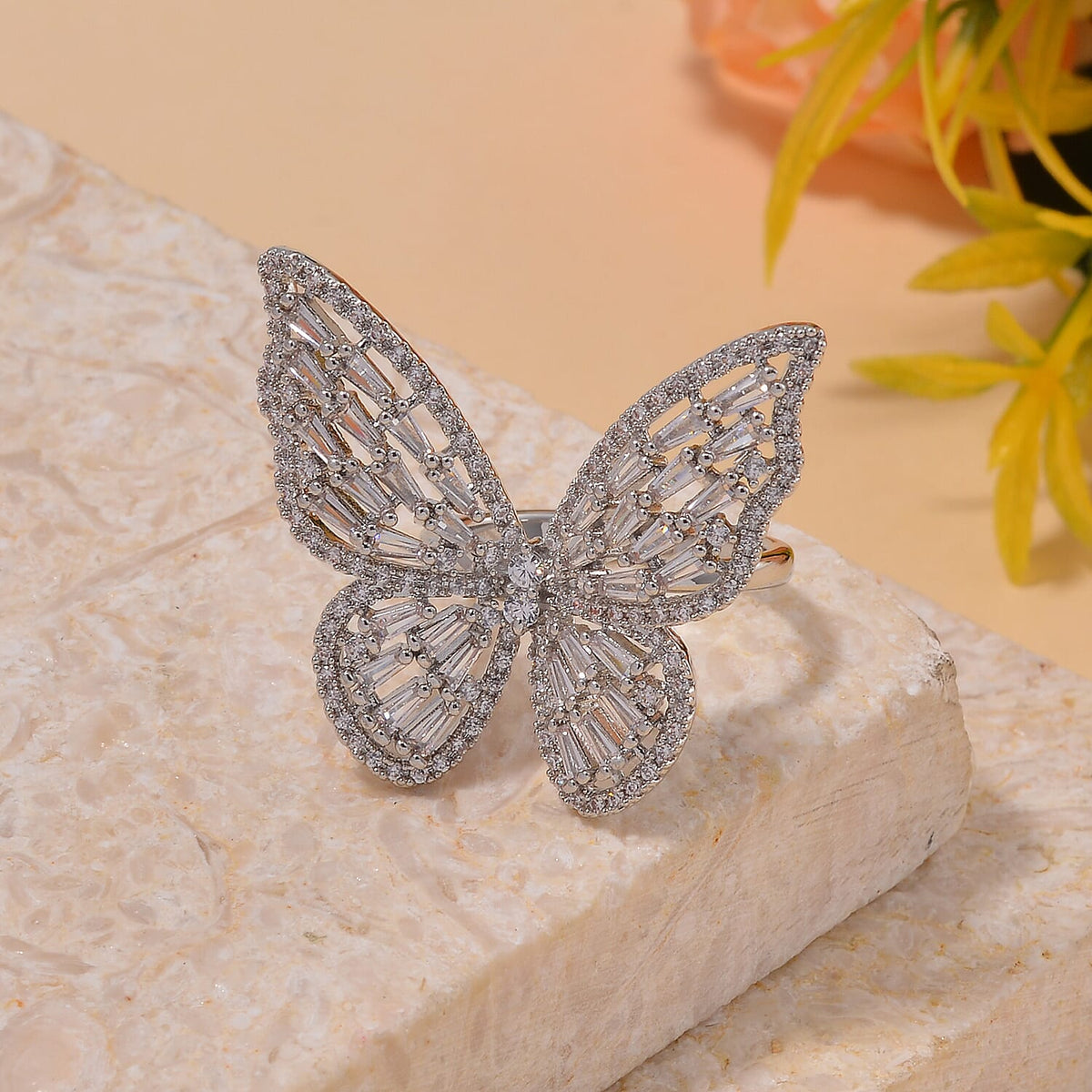 White Cubic Zirconia Butterfly Adjustable Ring in Silver Tone 7668176 1