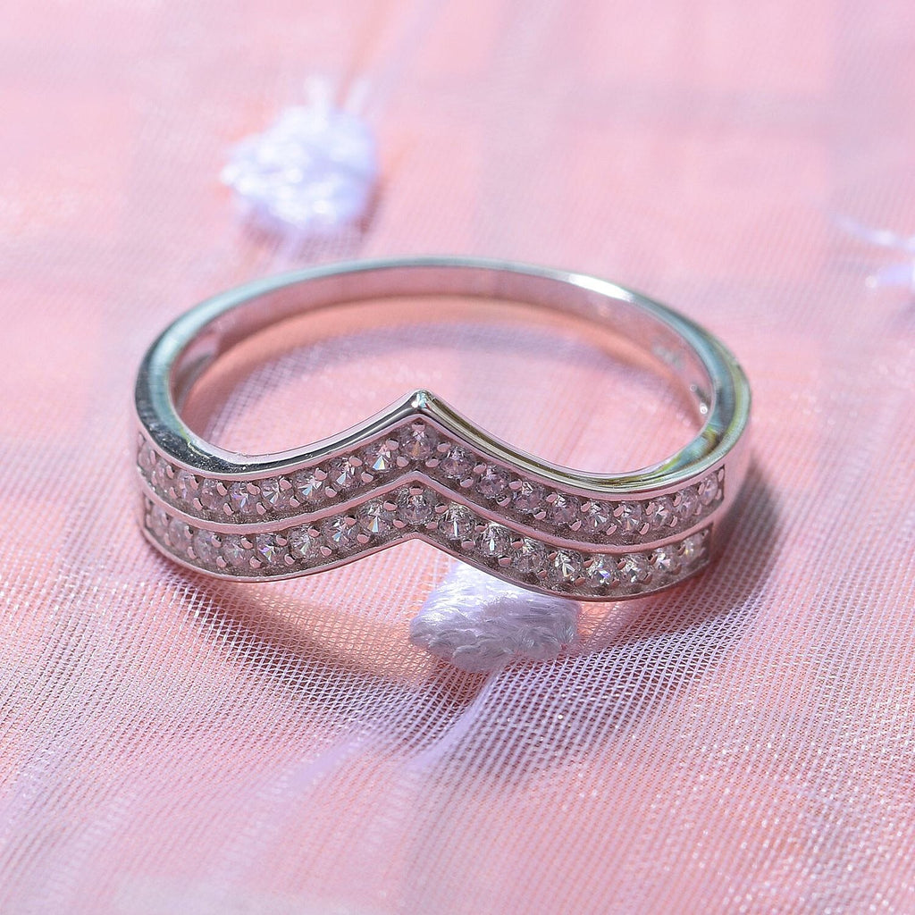 Cubic Zirconia Wishbone Ring in Rhodium Overlay Sterling Silver