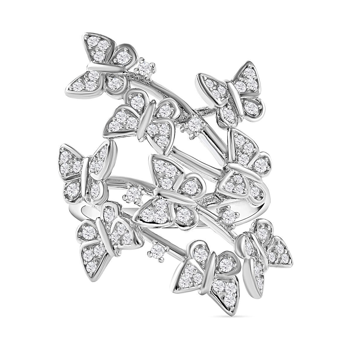 Cubic Zirconia Butterfly Open Ring in Rhodium Overlay Sterling Silver, Silver Wt. 5.87 Gms 7683032 0