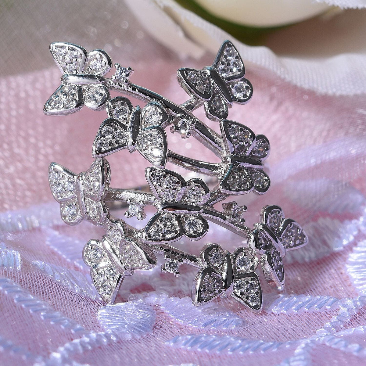 Cubic Zirconia Butterfly Open Ring in Rhodium Overlay Sterling Silver, Silver Wt. 5.87 Gms 7683032 2