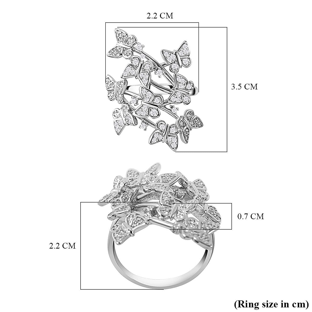 Cubic Zirconia Butterfly Open Ring in Rhodium Overlay Sterling Silver, Silver Wt. 5.87 Gms 7683032 4