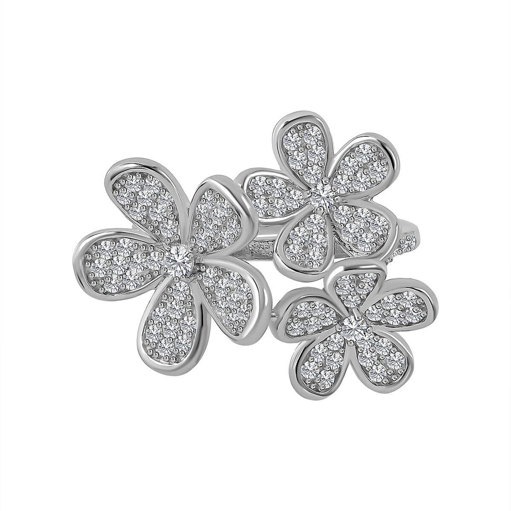 Cubic Zirconia Floral Ring in Rhodium Overlay Sterling Silver