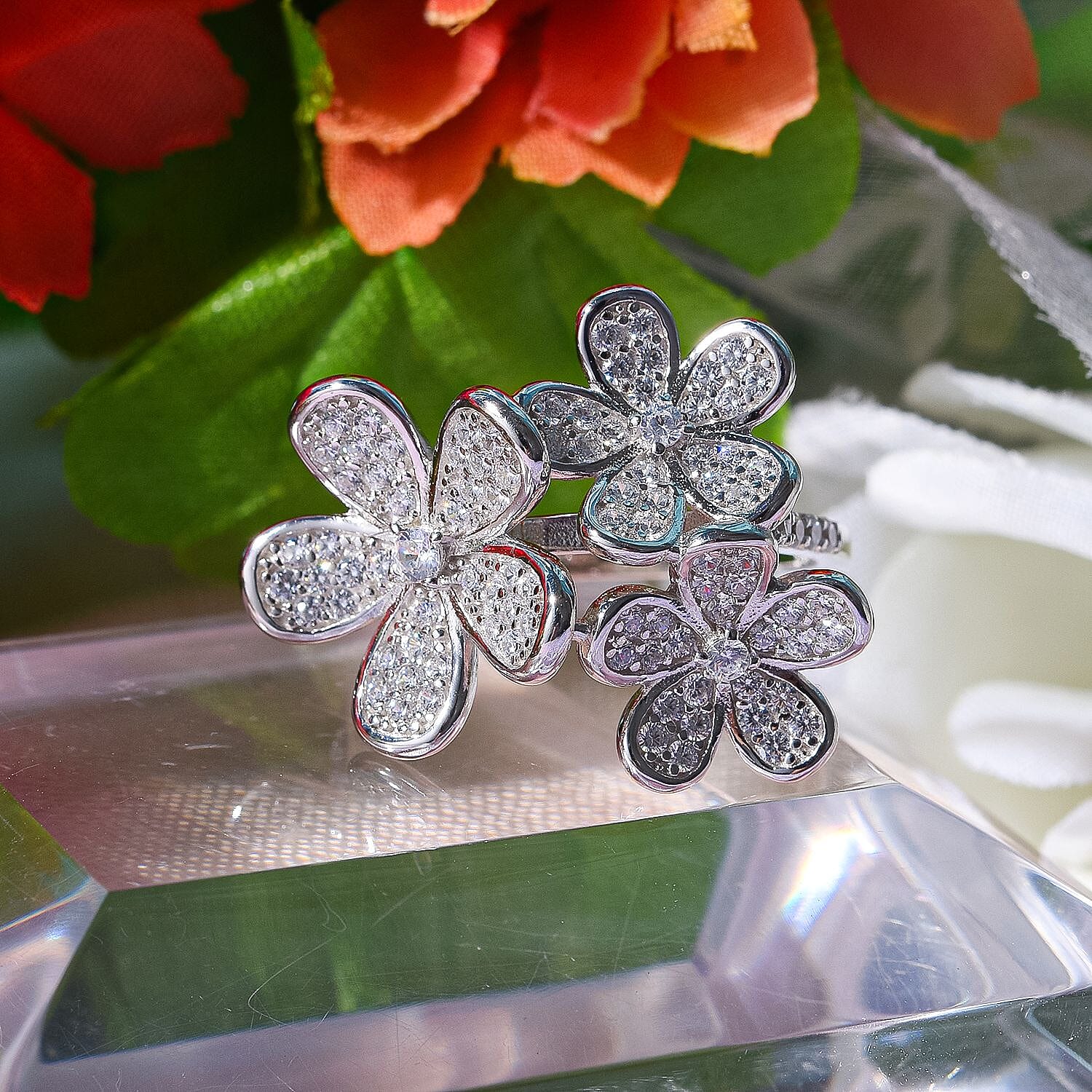 Cubic Zirconia Floral Ring in Rhodium Overlay Sterling Silver 7683035 2