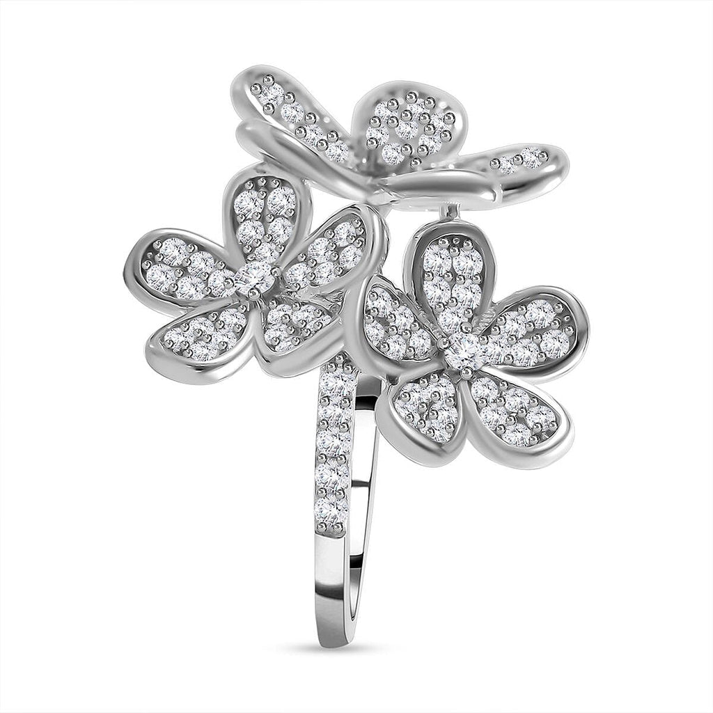 Cubic Zirconia Floral Ring in Rhodium Overlay Sterling Silver