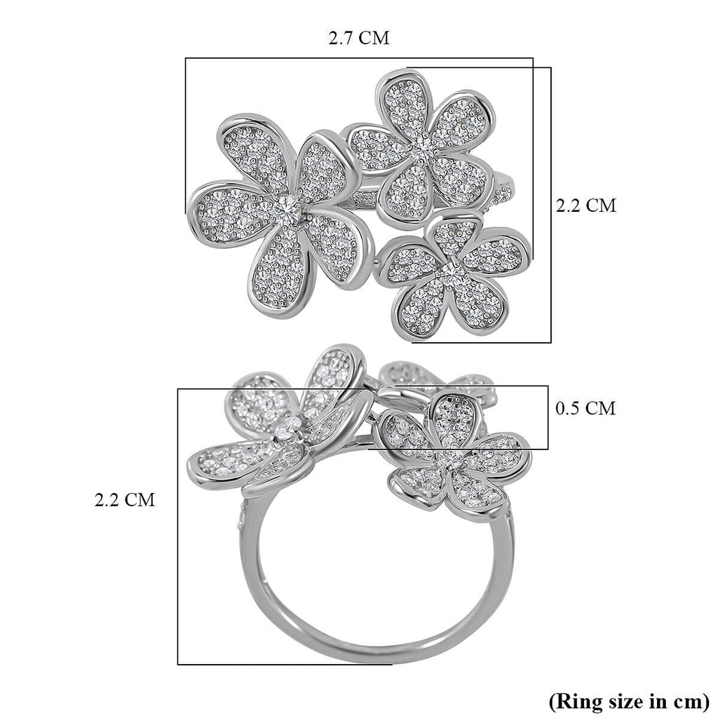 Cubic Zirconia Floral Ring in Rhodium Overlay Sterling Silver