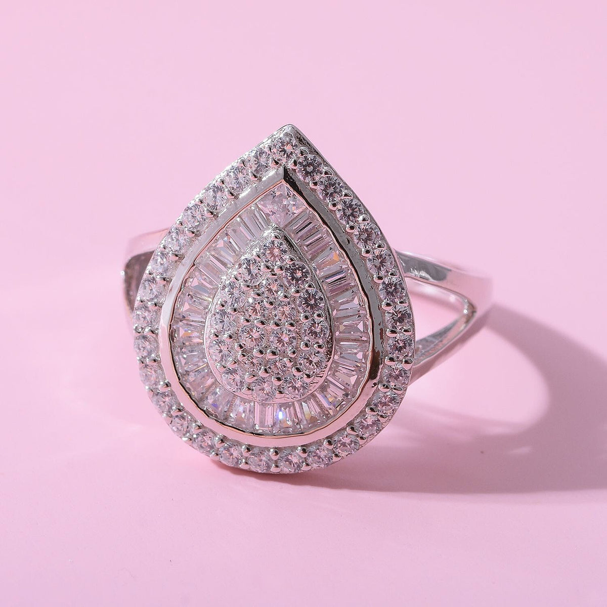 NY Closeout- Cubic Zirconia Teardrop Cocktail Ring in Rhodium Overlay Sterling Silver 7624157 2
