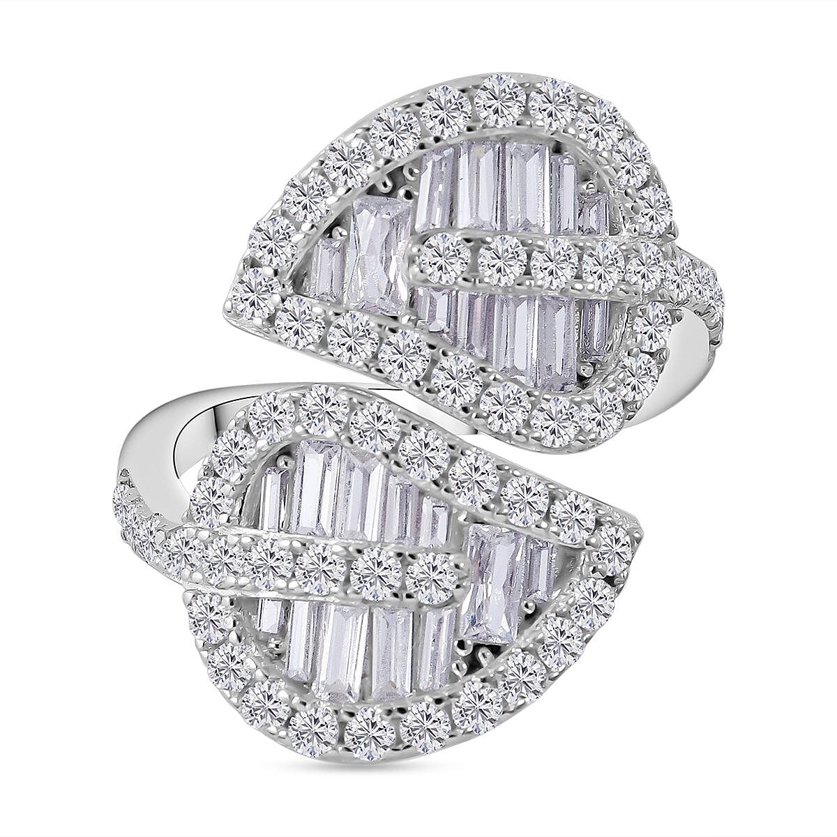 Designer Inspired - Cubic Zirconia Leaf Bypass Ring in Rhodium Overlay Sterling Silver, Silver Wt 5.10 GM 7726537 0