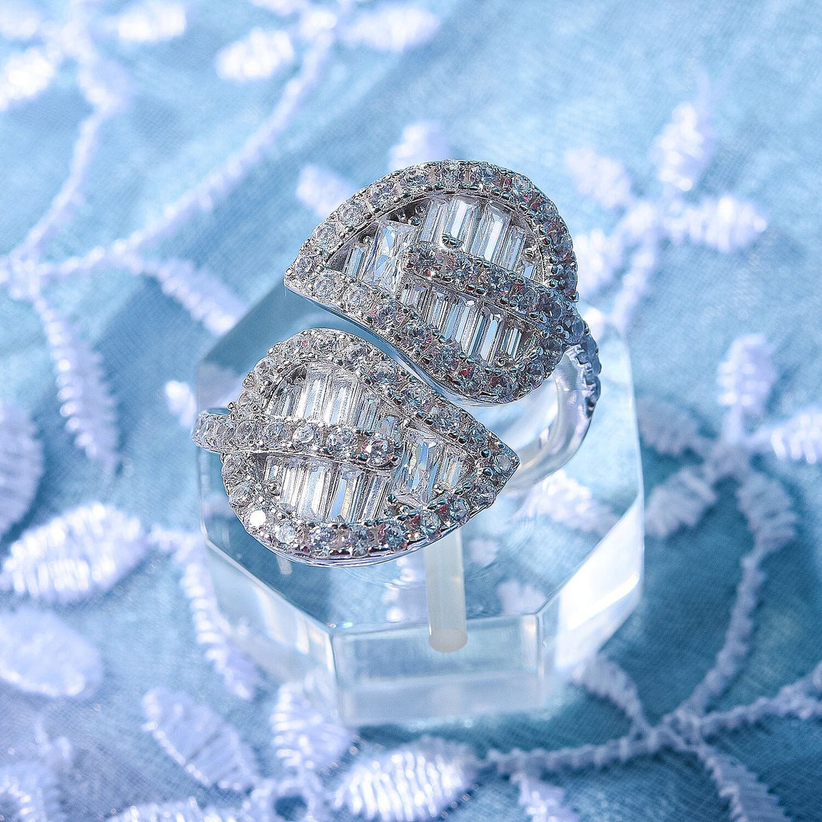 Designer Inspired - Cubic Zirconia Leaf Bypass Ring in Rhodium Overlay Sterling Silver, Silver Wt 5.10 GM 7726537 1
