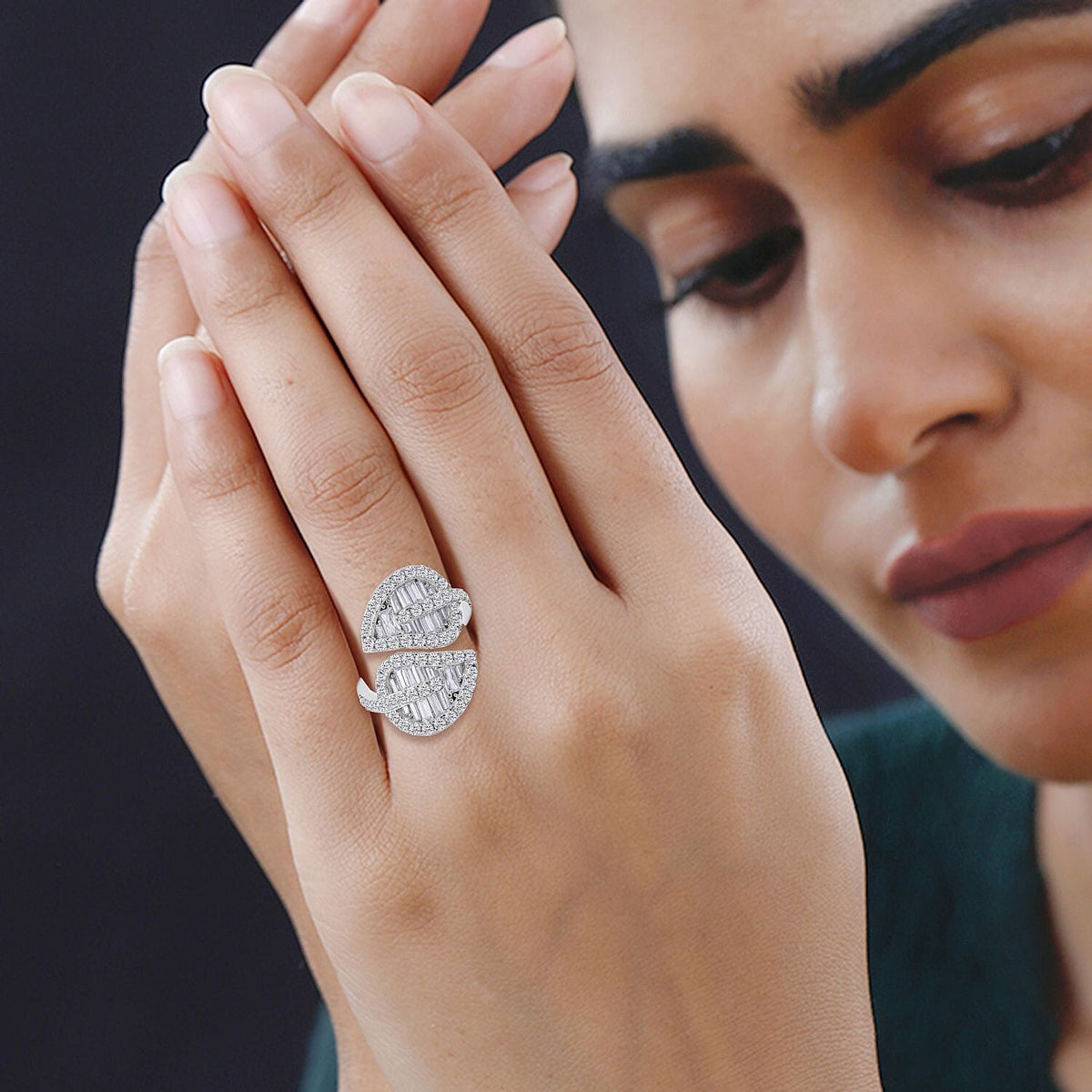 Designer Inspired - Cubic Zirconia Leaf Bypass Ring in Rhodium Overlay Sterling Silver, Silver Wt 5.10 GM 7726537 2