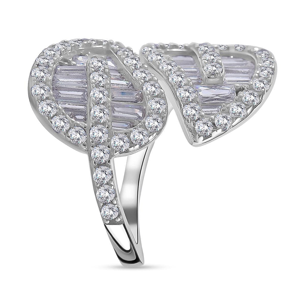 Designer Inspired - Cubic Zirconia Leaf Bypass Ring in Rhodium Overlay Sterling Silver, Silver Wt 5.10 GM