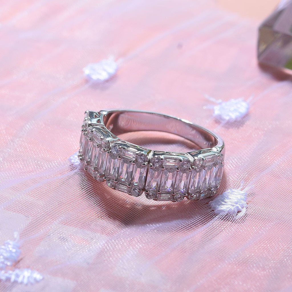 Cubic Zirconia Half Eternity Ring in Rhodium Overlay Sterling Silver