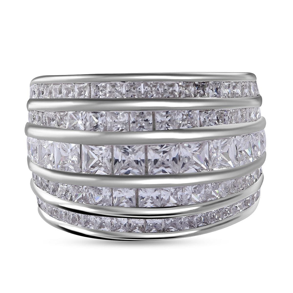 Manhattan Closeout  - White Cubic Zirconia Multi-Row Ring in Rhodium Overlay Sterling Silver 5.58 Ct, Silver Wt. 8.40 Gms