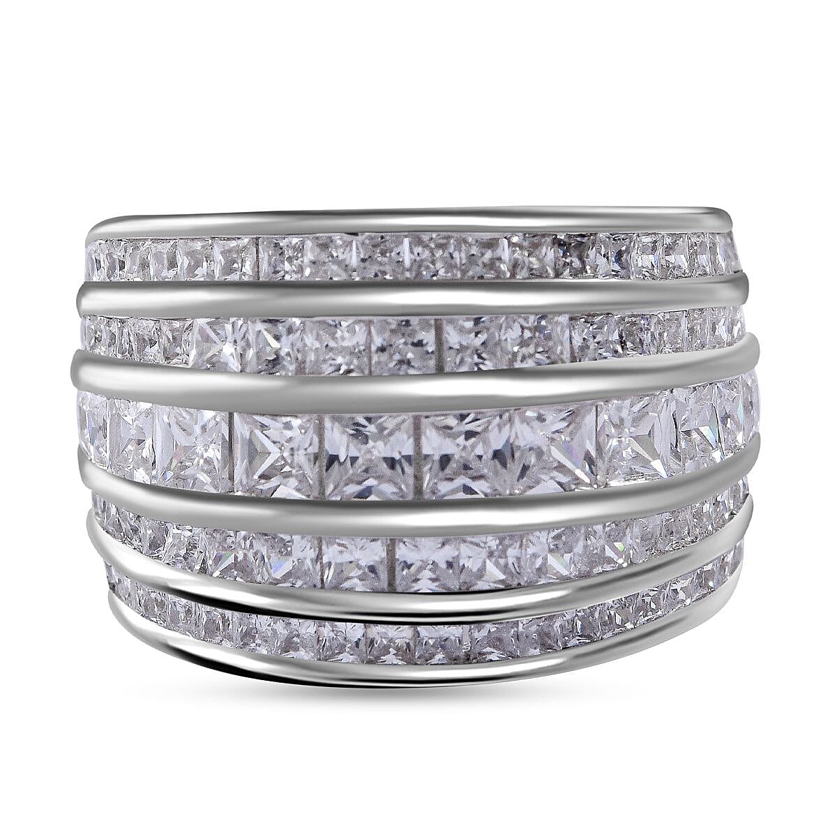 Manhattan Closeout  - White Cubic Zirconia Multi-Row Ring in Rhodium Overlay Sterling Silver 5.58 Ct, Silver Wt. 8.40 Gms 7697970 0