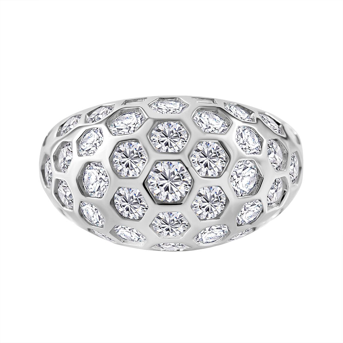 Cubic Zirconia Honeycomb Ring in Rhodium Overlay Sterling Silver, Silver Wt 5.80 GM 7697905 0