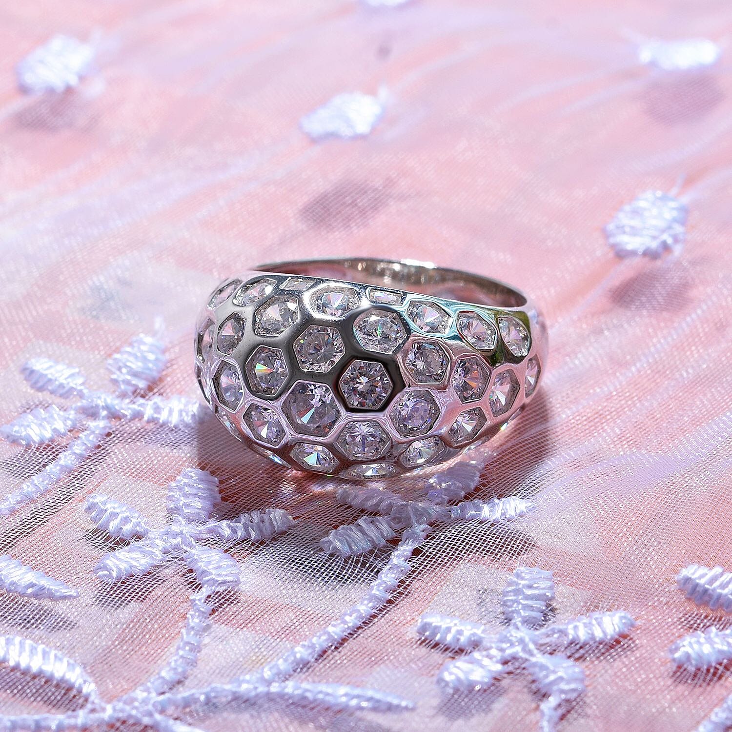 Cubic Zirconia Honeycomb Ring in Rhodium Overlay Sterling Silver, Silver Wt 5.80 GM 7697905 1