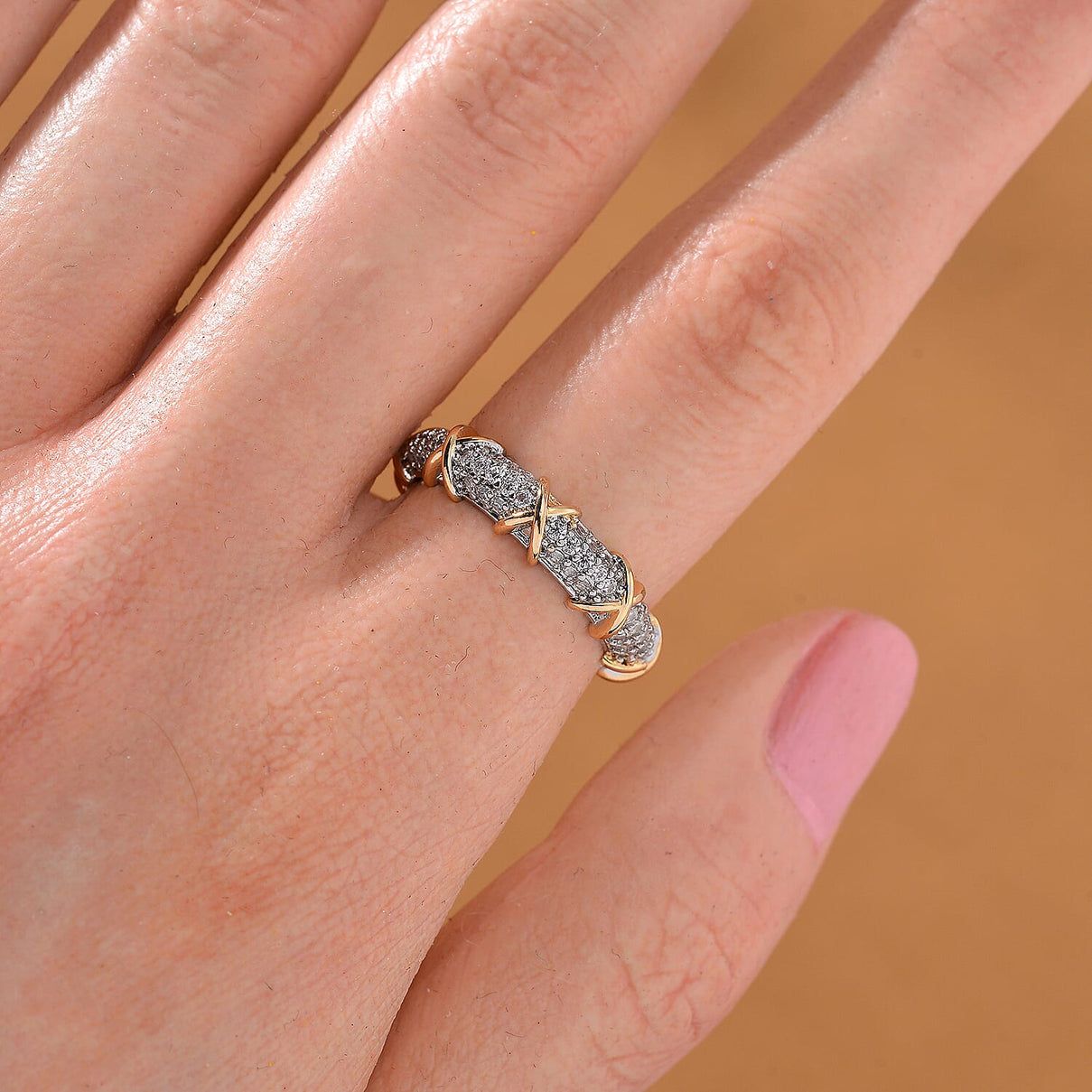 White Cubic Zirconia XO Ring in Silver and Yellow Gold Tone 0.60 Cts. 7816274 2