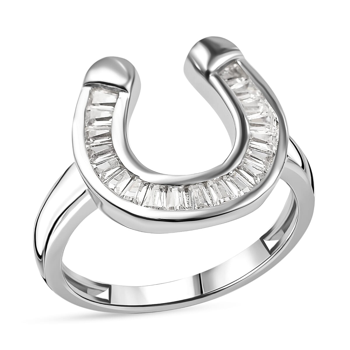 White Cubic Zirconia Horseshoe Ring in Rhodium Overlay Sterling Silver, 0.820  Ct. 7814280 0