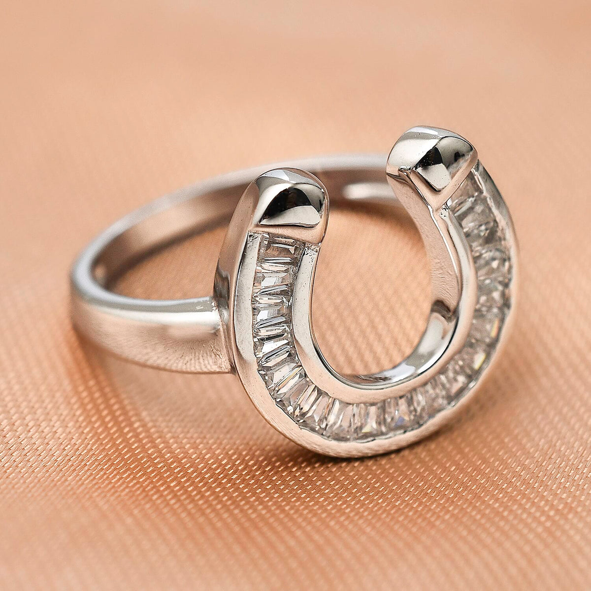 White Cubic Zirconia Horseshoe Ring in Rhodium Overlay Sterling Silver, 0.820  Ct. 7814280 1