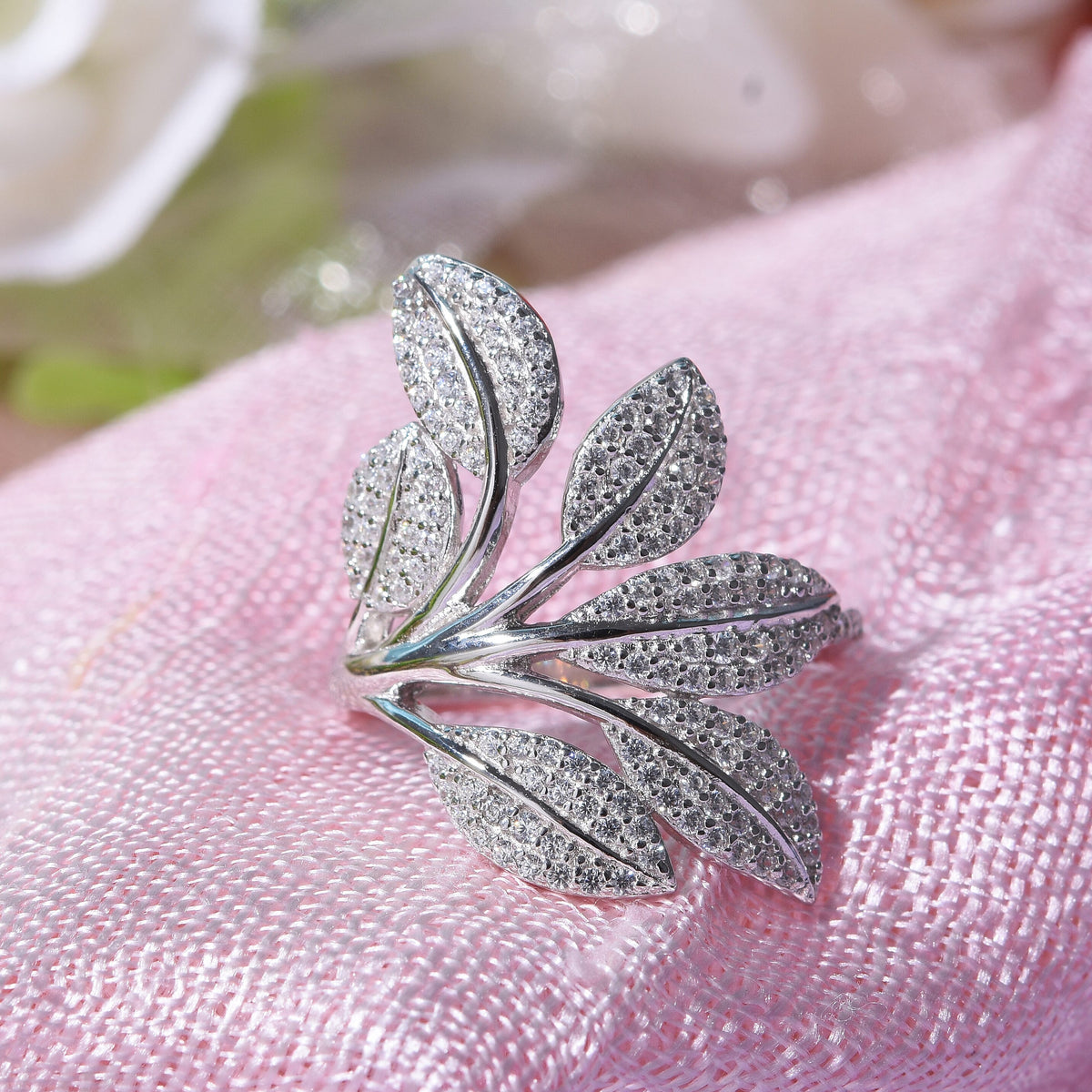 NY Closeout Cubic Zirconia Leaf Ring in Rhodium Overlay Sterling Silver 7814506 1